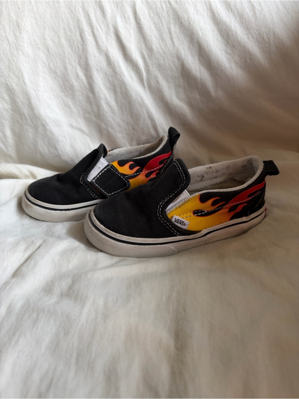 Vans Kids Slip-On Sneakers Black with Yellow and Red Flame